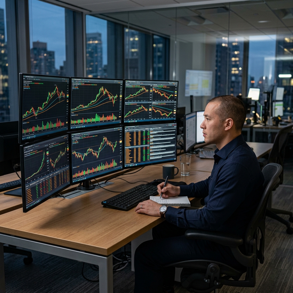 Trader analyzing graphs on screens